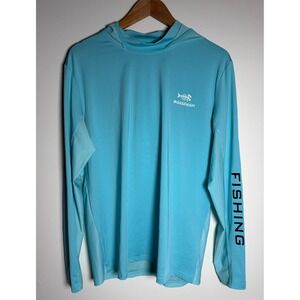 Bassdash Mens Fishing Hoodie Light Blue Long Sleeve Performance Sun Shirt Size M